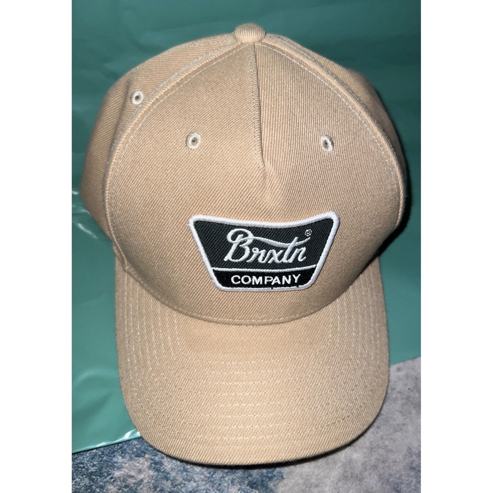 Brixton Company Tan Khaki 5 Panel Baseball Cap Hat Woven Logo Patch NetPlus Brim